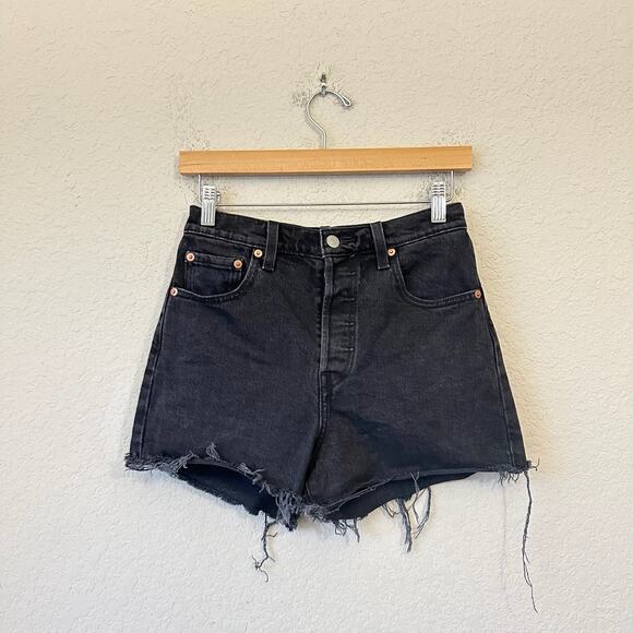 LEVI'S Ribcage Shorts Black Denim Cut Off Frayed High Rise Gothic - Picture 1 of 12